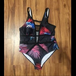 Openwork Plus Size Leaf Print Swimwear